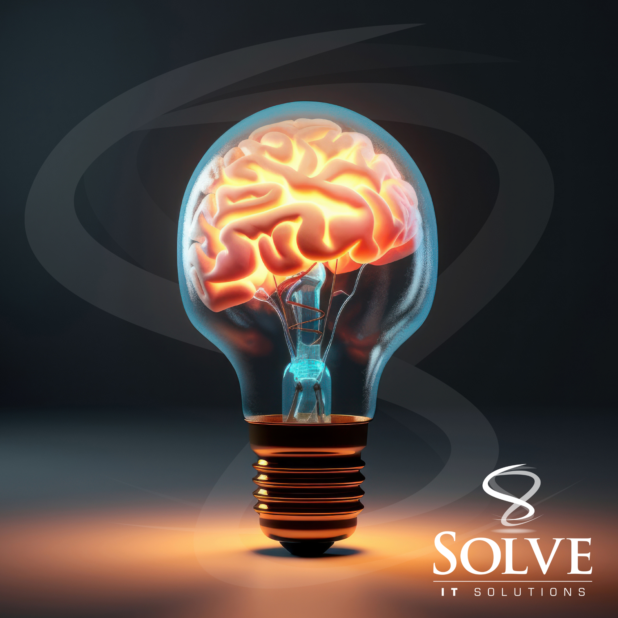 blue lit lightbulb with a brain inside. Solve IT Branding in the background and the lower right corner.