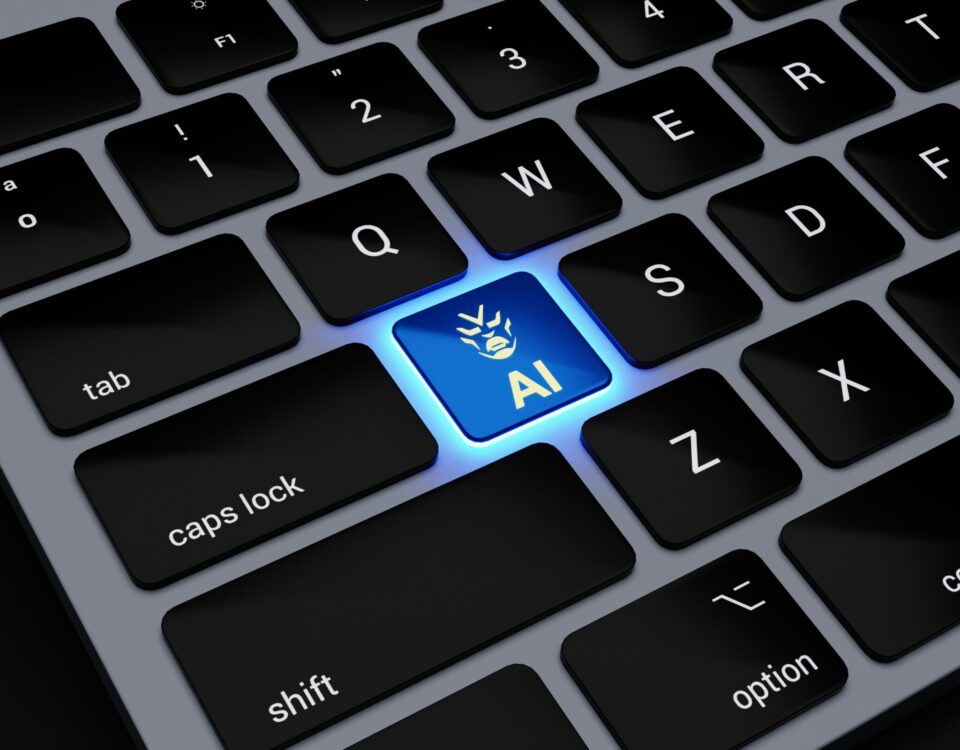 a computer keyboard with a blue light on it